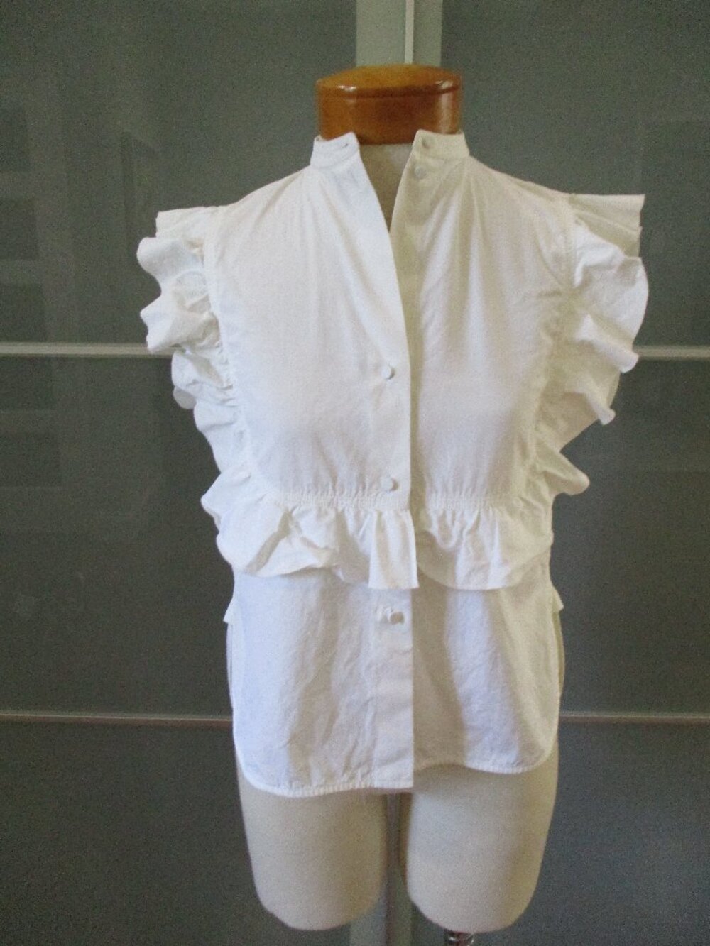 Helmut Lang Ruffle Bib Cap Sleeve Button Front Blouse